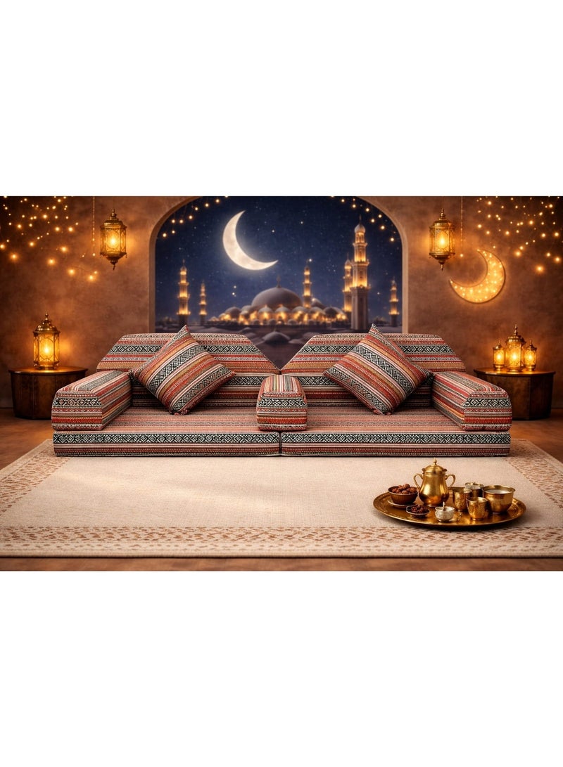 اكس بوت Traditional Arabic Majlis Floor Seating Sofa Set 1  Geometric Design  Bring warmth, tradition, and comfort into your home with this Traditional Arabic Majlis Floor Seating Sofa Set. Inspired by authentic Middle Eastern hospitality, this beautifully designed floor sofa features classic red geometric patterns that create an inviting and elegant atmosphere for any majlis or living space.  The low-profile floor seating design offers relaxed comfort, while thick seat cushions and supportive back and arm cushions ensure long-lasting comfort for daily use or special gatherings. Ideal for Ramadan, family evenings, and cultural décor, this majlis sofa blends heritage style with modern comfort - Image 1